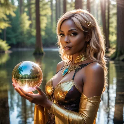 (sunprism oracle cosplay), black milf illuminated by bright rays of sunlight, smirking, holding a glass sunprism ball, Infront of mirror lake in the enchanted forest, high fantasy, close up, dawn, view from the side, mystical setting