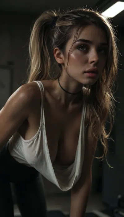 (((young))), (18 yo:1.2), (eyes wide open, big lips), (needy face:1.2), (big long eyelashes), (((downblouse))), (athletic ass:1.3), (blushing:1.1), (black yoga pants:1.1), (narrow waist:1.3), blonde ponytail, (portrait view:1.3), slutty clothes, slim hourglass body, (side view:1.3), ((big hanging perky tits:1.3)), (athletic body:1.4), horny face, attractive body, black choker, (black makeup:1), (blue eyes), (into the office), (big perky boobs:1.5), (oiled skin:1.6), (wet skin:1.3), (erected nipples:.7), (plunging neckline), ((loose-fitting unbuttoned white formal crop blouse:.6)), skinny, perfect skin, beautiful face, ultra high details, hdr, natural tits, (standing), toned body, vivid colors, detailxl, detailed eyes, movie, still, film, cinematic, shot, lighting, macro, 35mm, <lora:DetailedEyes_V3:1.5>, <lora:AdvancedEnhancerXLv2:1.5>, <lora:style_lora_realis:1.5>, <lora:dark:.4>