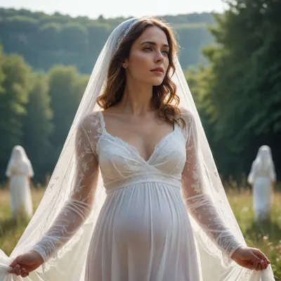 Vierge en vêtements blancs et voilée, enceinte, priant à genoux