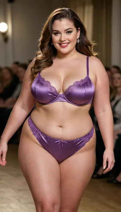 A curvy plus sized model walking down the runway of a sexy satin lingerie fashion show, joyfully smiling