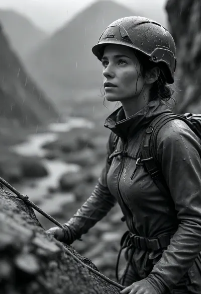 A highly detailed, monochromatic, photorealistic scene where a woman’s upper body is transformed into a surreal landscape, her form serving as the backdrop for a tiny climber, about three centimeters tall, dressed in full climbing gear, the miniature mountaineer ascends the woman’s body, using ropes and climbing equipment, (perfect rendered concentrated face:1.4), perfect hands, every detail of the tiny climber and his gear is sharply in focus, while the woman’s form remains softly blurred in the background, creating a striking contrast, the scene emphasizes the adventurous journey of the tiny climber against the vast, surreal landscape of the woman’s body, the focus is on the detailed texture of the climbing gear and the tiny figure, with the woman’s body providing a dreamlike, surreal backdrop, the entire composition is in monochrome, ensuring a cohesive and artistic atmosphere, heavy rain, wet skin, soaked wet clothes, wet mountain surface, hvrn, heavy, rain, <lora:Heavy_Rain_XL-000008:2>, <lora:pouring_rain_XL:2>, <lora:MJ52:.8>