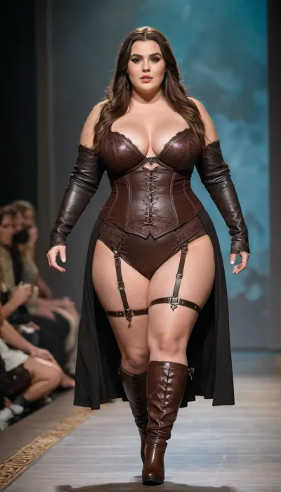 photo of a thicc curvy plus size model woman dressed as a sexy elven sorceress walking down the runway of lingerie fashion show showing her breasts and pokey nipples, wearing a waist cincher with her boobs hanging out and wearing ornate leather boots, thick thighs, toned legs, wide hips, saggy dropping breasts with pokey nipples
