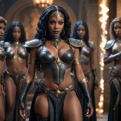 ebonguard temptress oracle gang cosplay, black milfs, high fantasy, exposed waist