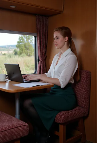Russian train coupe interior, one professional businesswoman, solo, aged 35, ((sitting on the lower berth, working, a laptop on the foldable table)), wood-paneled walls, business documents, a cup of tea, landscape rushing past the window, dim evening light, natural makeup, slight smudge of red lipstick, realistic face, light freckles, piercing green eyes, ((long voluminous red hair tied in a loose bun)), pale fair skin, wearing a form-fitting pencil skirt suit, midi length, (below the knee), in dark forest green, ((opaque black tights)), black classic pumps, a crisp white silk blouse buttoned up, focused expression, soft natural lighting from the window, professional atmosphere, ((full body shot)), amateur photography style, candid moment, film grain, soft colors, low contrast, muted palette, n