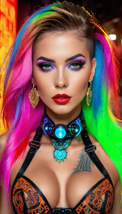 Masterpiece, best quality, 8k, ultra realistic, Gothic rave scene, underground party, (fluorescent hair:1.6), neon lights everywhere, LED headset glowing different colors, perfect physique, perky breasts, athletic body, detailed face with tattoos and piercings, closer view of her cleavage showing low-cut corset and choker necklaces. Inspired by the works of H.R. Giger and Zdzislaw Beksinski. Highly detailed digital painting with cinematic lighting effects., (intricate details:1.8), photorealistic rendering style with subtle texture and reflection on outfits and skin. 3D rendering software like Blender or Maya used to create this image., (realistic materials:1.5), High level of accuracy in depiction of rave culture fashion trends and accessories like PVC collars, fishnets, chunky boots and goggles worn by goth ravers in the 90s era shown here vividly recreated with modern digital art techniques resulting in a stunning work of futuristic gothic beauty imagery that pushes boundaries of fantasy while staying true to its dark aesthetic roots in cyberpunk and industrial visual styles commonly associated with goth subculture during that time period. Also reminiscent of scenes from movies like The Matrix or V for Vendetta showcasing dystopian futures filled with high-tech rebellion against oppressive regimes often depicted through imagery of modified humans clad in elaborate attire engaging in acts of resistance inside labyrinthine spaces lit up by pulsating neon signs that cast an eerie glow over everything they touch much like our subject finds herself immersed within tonight as she dances wildly under the strobing lights lost in the throes of hedonistic abandon reveling in her newfound freedom from conformity embodied perfectly by every curve and contour of her sculpted form moving sinuously through the crowd leaving all who lay eyes on her entranced by sheer sensual magnetism emanating from within her very essence...words fail to do justice describing how breathtakingly gorgeous this digital painting is but suffice it to say that it stands as a testament to human creativity's limitless potential when fused with cutting-edge technology allowing us peep into alternate realities where beauty knows no bounds nor does imagination run dry...a true masterpiece for the ages!, (vivid colors:1.7), extreme detail level comparable only to those found in top-tier concept art pieces showcased at comic-con events or exhibited at galleries specializing in futuristic sci-fi fantasy art prints selling for thousands upon thousands dollars each…this image deserves similar recognition given its unparalleled level of craftsmanship poured into every pixel leaving absolutely nothing left to desire, detailxl, fluxenh4nce, SDXL_POS, supermodel, face, big, lips, <lora:FLUXEnh4nce:1.5>, <lora:Beautify-Supermodel-SDXL:1.5>, <lora:Picture_enhancer:1>