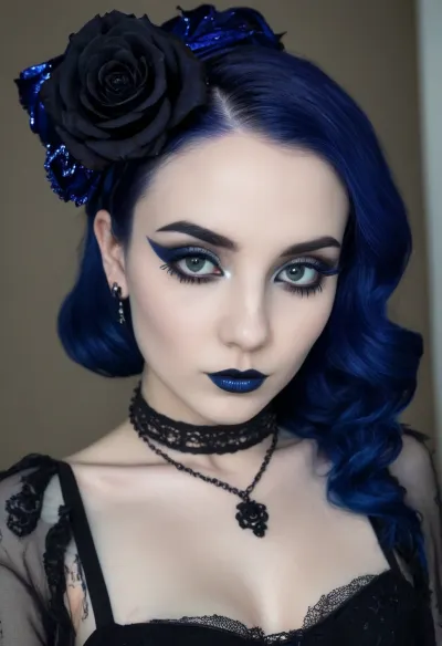 ziprealism, (24yo), (closeup face portrait, focus on eyes:1.5), (slender, petite, soft breasts, goth esthetic, heavy goth makeup:2), (dark blue hair, deep shimmering blue hair, long hair, sophisticated goth inspired updo hairstyle, voluminous hair, black roses in hair, dark eyebrows:1.8), (oversized expressive eyes, innocent doe eyes, delicate face, angular jaw, flawless porcelain skin:1.2), (shallow depth of field, soft bokeh, layered composition, analog lens), Stable-Yogis-Makeup-Enhancer-XL, (detailed eyes, perfect eyes, natural skin texture, photorealistic skin texture), <lora:Instagram_Selfie_SDXL:.8>
