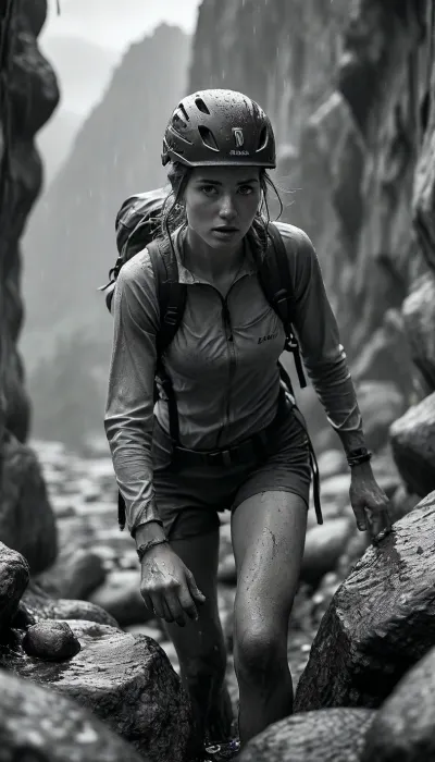 (monochrome:1.6), A highly detailed, full-body, photorealistic depiction of a 25-year-old female climber, caught in a challenging situation in the high alpine environment, (She changes sides by climbing in a rock crevice:1.3), (she finds stability in the split position:1.3), every muscle tensed and defined, her clothing soaked through after hours of heavy rain, (clinging to her body and highlighting every contour:1.3), a wet backpack is visible, adding to the sense of her struggle, (her hands and fingers are sharply defined:1.7), (showing the strain of her climb:1.4), the rocky surface is slick and rain-soaked, every detail of the wet, textured rock is visible, the rain-soaked environment clings to her form, she wears a helmet for safety, and her athletic clothing, a tight-fitting top and shorts, is completely drenched, emphasizing her strength and determination, the scene is in monochrome, highlighting the dramatic contrast of light and shadow, the rain pours heavily, making the rocky terrain slippery and treacherous, in the background, the vast alpine landscape stretches out, with towering peaks and deep valleys, capturing the intensity of her climb and the formidable environment, <lora:pouring_rain_XL:1.7>, <lora:MJ52:.6>, <lora:add-detail-xl:.5>