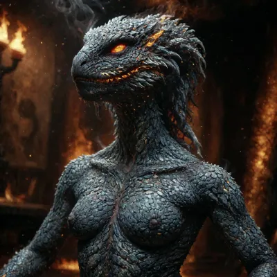 Fire Naked woman with a lizard tail standing, completely covered in silvery scales, large breasts, her breasts are tight and hanging to the floor, the woman is naked. She has a lizard tail, the tail is as long as her body. The tail is raised up. It is covered with scales, the skin is covered with scales, the woman fire has scaly skin the scales are ashy silver, (correct tail positioning), (no missing limbs), (han, yu, long, huang\), ral-embrglt, DonMF1r3y4by55XL, firecd_xl, flmngprsn, <lora:ral-embrglt-sdxl:2>, <lora:DonMF1r3y4by55XL:2>, <lora:firecd_xl-000017:2>, <lora:lora-sdxl-flaming-person:2>, <lora:SG2:2>