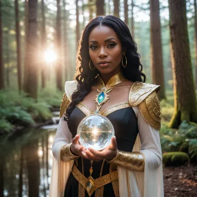 (sunprism priestess cosplay), black milf illuminated by bright rays of sunlight, smirking, holding a shining glass sunprism orb, boots Infront of mirror lake in the enchanted forest, high fantasy, close up, dawn, (low view from the front), mystical setting