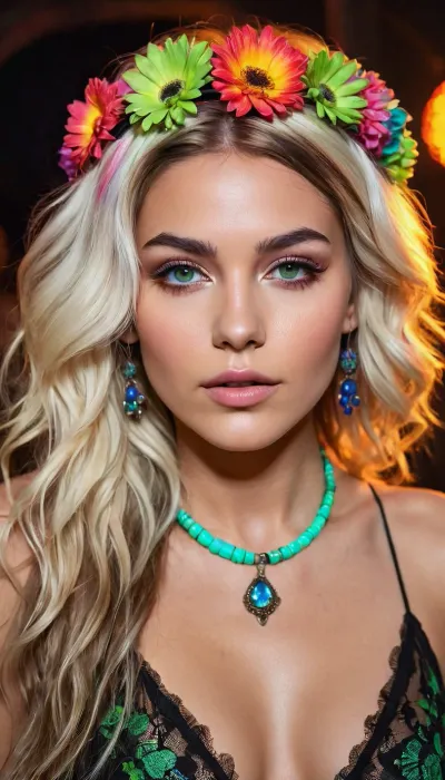 Ultra-high-resolution, cinematic, photo-realistic portrait of a seductive, Gothic hippie woman in the midst of an underground rave scene. The subject is adorned in eclectic, edgy attire that blends hippie and gothic styles, think flowing maxi dresses with lace details, chunky jewelry made from bones and feathers, colorful headbands adorned with flowers and LED lights. Her long, platinum blonde hair cascades down her back in loose waves, streaked with vibrant hues of neon pink, green and blue under the pulsing light of the rave., detailxl, fluxenh4nce, SDXL_POS, supermodel, face, big, lips, face_refiner, <lora:FLUXEnh4nce:1.5>, <lora:Beautify-Supermodel-SDXL:1.5>
