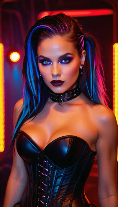In the pulsing glow of an underground rave, a stunning Gothic fashionista commands attention. Her athletic body is clad in form-fitting Lycra that accentuates every curved line, from the pert breasts peeking out of her corset-top to the seductive swell of hips beneath a pleated skirt. Glowing neon hues cascade through her hair, illuminating its vibrant colors. Her piercing eyes, framed by expertly applied dark eye makeup, hold a mischievous spark as she moves to the throbbing beat under a mesmerizing array of LED lights. The air is electric with illicit energy and sensual promise. A perfect blend of edgy style and alluring femininity defines this ravishing rave vixen. Capture her in high resolution with impeccable photorealism to fully convey the allure of this unforgettable scene., detailxl, fluxenh4nce, SDXL_POS, supermodel, face, big, lips, <lora:FLUXEnh4nce:1.5>, <lora:Beautify-Supermodel-SDXL:1.5>, <lora:Picture_enhancer:1>