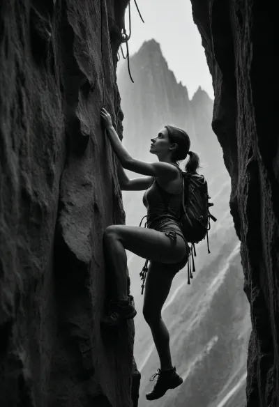 "A highly detailed, monochromatic, photorealistic scene where a woman’s upper body is transformed into a surreal landscape, her form serving as the backdrop for a tiny climber, about three centimeters tall, dressed in full climbing gear, the miniature mountaineer ascends the woman’s body, using ropes and climbing equipment, every detail of the tiny climber and his gear is sharply in focus, while the woman’s form remains softly blurred in the background, creating a striking contrast, the scene emphasizes the adventurous journey of the tiny climber against the vast, surreal landscape of the woman’s body, the focus is on the detailed texture of the climbing gear and the tiny figure, with the woman’s body providing a dreamlike, surreal backdrop, the entire composition is in monochrome, ensuring a cohesive and artistic atmosphere