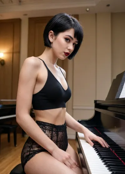 18 year old girl, black hair, very short haircut, black lips, tiktok, skinny body, no panties, big boobs, six pack body, pierced nipples, land strip pubic hair, raw photo, full body view, playing Piano, Concert hall