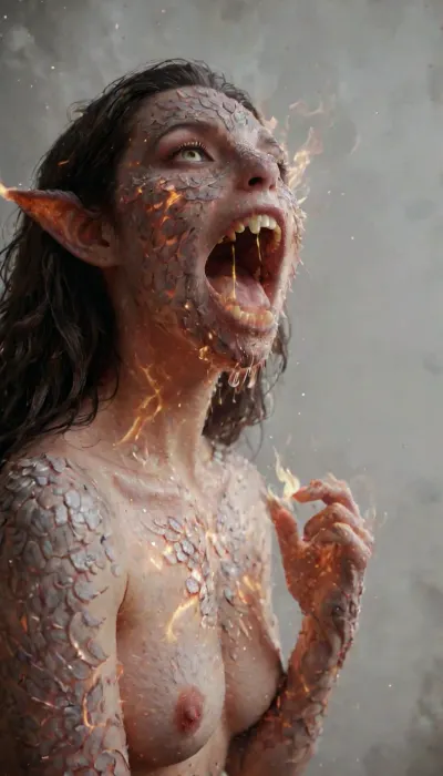 Fire Naked woman with a lizard tail standing, completely covered in silvery scales, large breasts, her breasts are tight and hanging to the floor, the woman is naked. She has a lizard tail, the tail is as long as her body. The tail is raised up. It is covered with scales, the skin is covered with scales, the woman fire has scaly skin the scales are ashy silver, (correct tail positioning), (no missing limbs), (han, yu, long, huang\), ral-embrglt, DonMF1r3y4by55XL, firecd_xl, flmngprsn, <lora:ral-embrglt-sdxl:2>, <lora:DonMF1r3y4by55XL:2>, <lora:firecd_xl-000017:2>, <lora:lora-sdxl-flaming-person:2>, <lora:SG2:2>