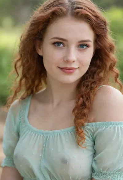 The large, three-quarter portrait depicts a young, light-skinned woman, presumably of European descent. She is positioned in the center of the frame, looking slightly to the left with a gentle smile. She appears to be around 20 years old. Her most striking feature is her long, voluminous, red, curly hair, part of which is braided and falls over her right shoulder. She has many freckles on her fair skin. She has light blue eyes. She is wearing a creamy, delicate lace blouse. The background is a soft, blurred green, suggesting an outdoor setting with natural light illuminating her face and hair. The lighting creates a warm, natural glow, highlighting her features and the texture of her hair and clothing. The composition is intimate, focusing on her beauty and a sense of serenity.