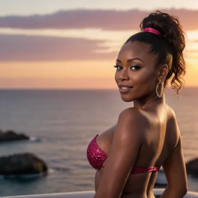 striptease, black milf, smirking, high ponytail, cove, sunset, view from side