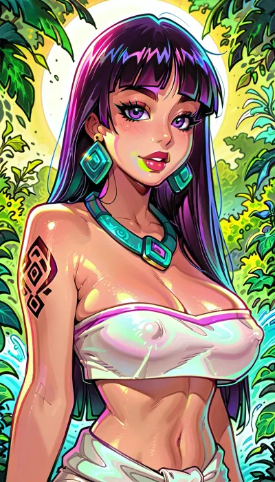 (Reiq mix Melkor Mancin art style:1), (Chel from Road To El Dorado), gorgeous, model, emo, giant breasts, erect nipples, (filled with tattoos), standing, posing againts the sun, (vibrant colors pallete), Melkor Mancin artstyle, score_9, score_8_up, score_7_up, <lora:ratatatat74-000050:2>, <lora:detailed_notrigger:1.1>, <lora:add-detail-xl:1.2>, <lora:cartoon_stickers_xl_v1:.8>