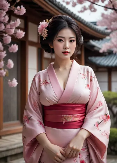 A geisha, biggest boobs 6D, ample cleavage, in the knees, in a richly detailed traditional kimono standing under blooming cherry blossoms. A traditional Japanese wooden house with a curved tiled roof in the background. Ultra-realistic textures, lifelike lighting, natural skin tones, soft spring atmosphere, falling sakura petals, 8K realism, photographic detail