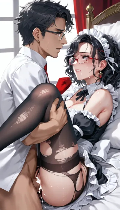 30 years japanese woman black hairs, submissive face, ripped black pantyhose, ripped maid cloths, glasses, in mansion red bedroom, crying, missionary penetration side view, maid, tits, <lora:MJ52:.8>, <lora:lastpenet:2>, <lora:xl_cute_maid_dress-1.0:.8>