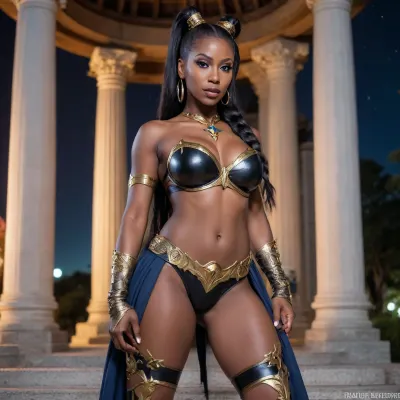 (view from side), (maelstrom conjuress cosplay), (black milf), smirking, wide hips, (long high ponytail), mythical imperial temple, nighttime, moonlight, high fantasy, close up, mystical setting, muscular legs