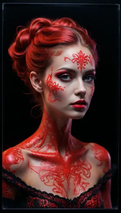 semi-realistic, fairytale-art, hightech-diva, drawing with red shaving foam on a blacklight glass plate, black paper-background. /©KlTTY-ART/