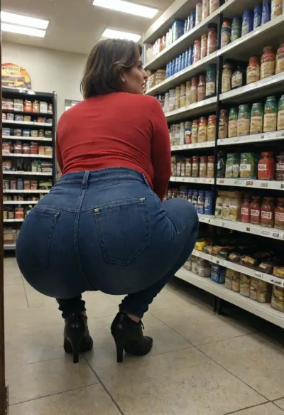 A photo of a, (fat:1.5), (mature:1.4), middle aged woman working at a grocery store squatting down stocking a shelf, squatting, real view, full black jeans, red shirt, facing away, looking away, unaware
