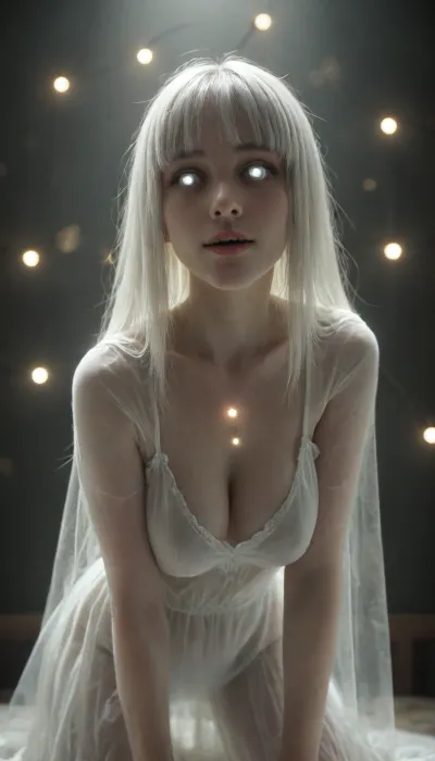 ((horror movie)), masterpiece, horror, ((ghost girl)), (Busty girl), ((long soft hair, fuller hair, long bob hairstyle, fringe, hair on the side, bangs, hair on chest)), ((pale white transparent hair)), (((see-through body))), (((ghastly pale white transparent body))), ((scary white eyes)), pale thin lips, evil smile, ((eerie vibe)), white transparent gown, thin clothes, (white transparent veil), veil, ((bad lights:2)), haunting old house dark background, ((absolutely eerie haunting face)), (Doggystyle fucking her from behind), ais-ghostly, <lora:Ghostly_Style_SDXL:2>