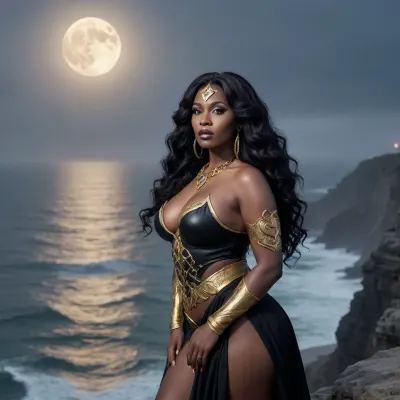 tidal priestess cosplay, thick black milf, long black thick wavey hair, hazy night sky, large moon, on the foggy cliffs, (view from front)