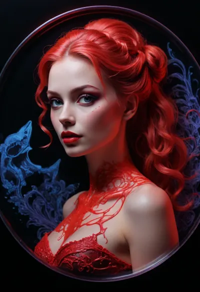 semi-realistic, fairytale-art, hightech-diva, drawing with red shaving foam on a blacklight glass plate, black paper-background. /©KlTTY-ART/