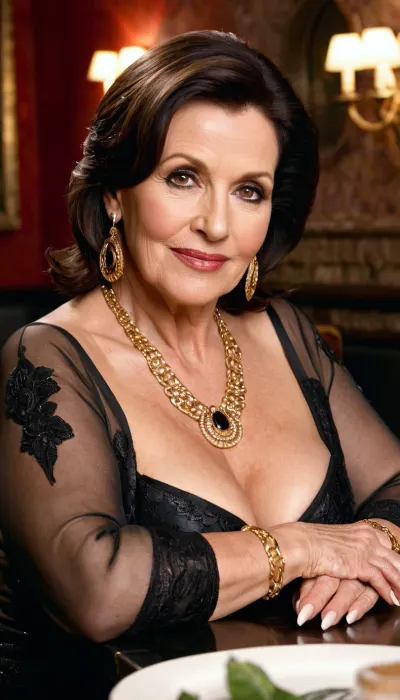old granny mature, sexy 65 years old granny, dark brunette hair, medium straight hair, glamour, big hoop earrings, tan skin, very smoked black eyes make up, necklace, big black eyes, very chubby, extreme small tits, very tiny boobs, gold necklace, looking at the camera, lovely smile face, long sleeve lingerie, charming, dark brunette, at the fancy restaurant table, elbow on table, in love looking, the most sexy woman, showing a sexy hands with long nails, wrinkled skin