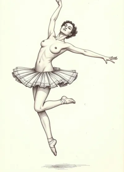 An elegant ballerina leaping in the air, pen and ink drawing, intricate hatching, fine lines, black ink on parchment, detailed texture of the tutu, clear silhouettes, pen, strokes