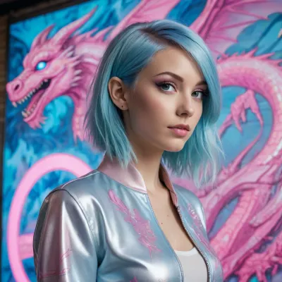 High-tech diva with split pastel-blue and pastel-pink hair, wearing transparent panels stitched over holographic circuitry, posing against a glowing graffiti dragon mural, illustrated. /©KlTTY-ART/