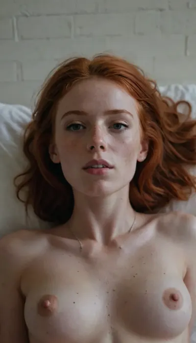 (full body photograph:1.1), of a skinny 28 year old redhead woman laying on her back on the bed. She has pale skin. There are freckles on her shoulders and face. She has tan lines. Bright red-orange hair on head and pubic area. Her hair is very long and frizzy, freckles, She has small triangular pointy breasts. One nipple is pierced. Nipple ring. She is in a dorm room. Lit from the side by a window. White cinder block walls. Pierced nipples, (face and hair covered in cum), woman, cum, on, face, <lora:JustCum:1.8>