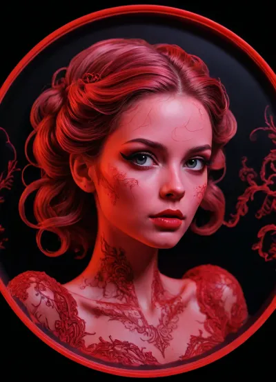semi-realistic, fairytale-art, hightech-diva, drawing with red shaving foam on a blacklight glass plate, black paper-background. /©KlTTY-ART/
