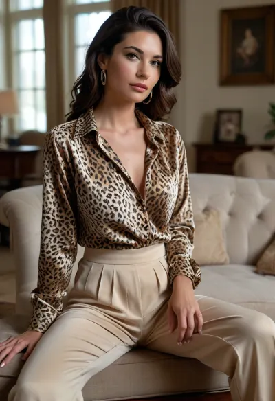 (masterpiece, best quality:1.2), 1 spanish 35yo woman, (baggy leopard print smooth velvet long sleeves shirt and and beige wide leg pleated trousers:1.4), long raven black hair, hair with double buns, brown eyes, in a living room, She is sitting on the edge of the table. seductive look, photorealism, one breast slips out of the open blouse, <lora:style_lora_realis:.5>, <lora:Detailed_female_hands-000001:.5>