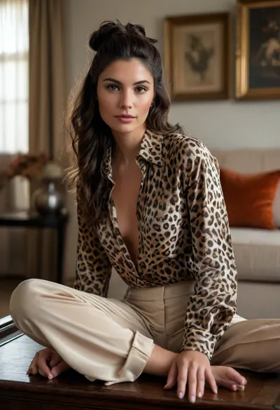 (masterpiece, best quality:1.2), 1 spanish 35yo woman, (baggy leopard print smooth velvet long sleeves shirt and and beige wide leg pleated trousers:1.4), long raven black hair, hair with double buns, brown eyes, in a living room, She is sitting on the edge of the table. seductive look, photorealism, <lora:style_lora_realis:.5>, <lora:Detailed_female_hands-000001:.5>