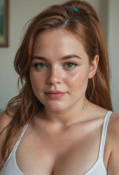 (Candid picture, portrait), wide jawline, chubby cheeks, (((gigantic boobs, milf, (plumper), ginger, green eyes, cute freckles, long hair in a ponytail), (humongous boobs squished by a too small top))), throbbing man’s cock