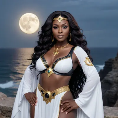 priestess cosplay, thick black milf, (smirking at the camera), long wavey hair, star filed black sky, large moon, on the cliffs, (view from front)