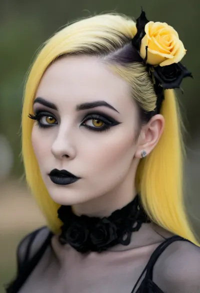 ziprealism, (24yo, gorgeous goth woman), (closeup face portrait, focus on eyes:1.5), (slender, petite, soft breasts, goth esthetic, heavy goth makeup, sophisticated attitude:2), (electric yellow hair, shimmering hair, dark roots, long hair, sophisticated goth inspired updo hairstyle, voluminous hair, black roses in hair, dark eyebrows:1.8), (oversized expressive eyes, innocent doe eyes, delicate face, angular jaw, flawless porcelain skin:1.4), (shallow depth of field, soft bokeh, layered composition, analog lens:1.6), (detailed eyes, perfect eyes, natural skin texture, photorealistic skin texture), (4k, uhd, uncompressed, raw photography), Stable-Yogis-Makeup-Enhancer-XL, <lora:Instagram_Selfie_SDXL:.8>