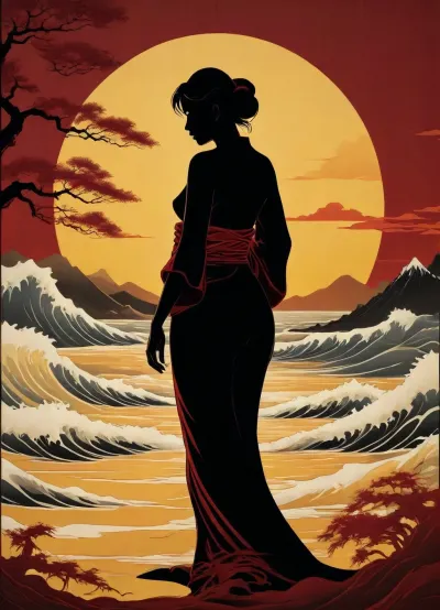 A Japanese shadow play in the ukiyo-e style, featuring a completely naked woman depicted in a refined black silhouette, inspired by traditional woodblock printing. The background features stylized waves and landscapes in shades of yellow and burgundy, and the woman's silhouette resembles a classic shadow play.