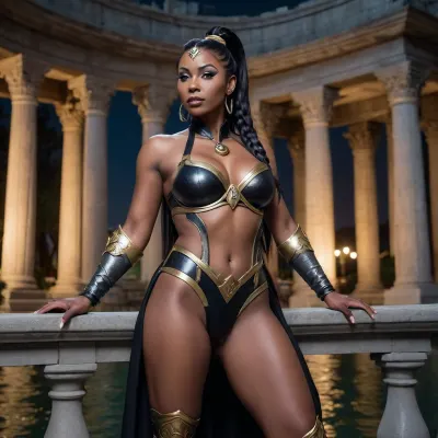 (view from side), (maelstrom priestess cosplay), (black thick milf), smirking, wide hips, (long high ponytail), mythical imperial temple, nighttime, moonlight, high fantasy, close up, mystical setting, muscular legs