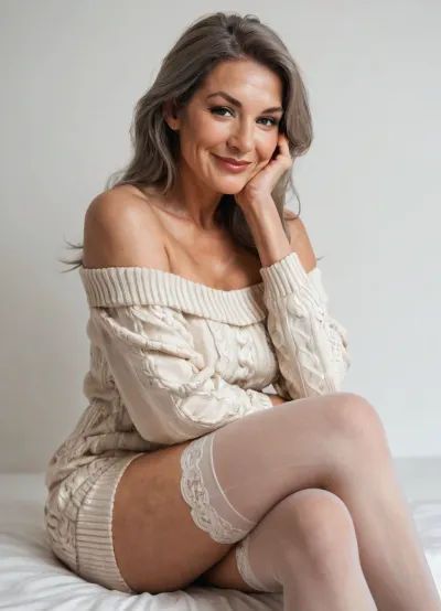 score_9, score_8_up, score_7_up, mature_female, milf, cougar, mature_body, mature_face, 1girl, solo, thighhighs, sitting, crossed_legs, sweater, realistic, off_shoulder, looking_at_viewer, off-shoulder_sweater, simple_background, grey_hair, long_hair, traditional_media, bare_shoulders, head_rest, lips, white_sweater, smile, hand_on_own_face, long_sleeves, feet_out_of_frame