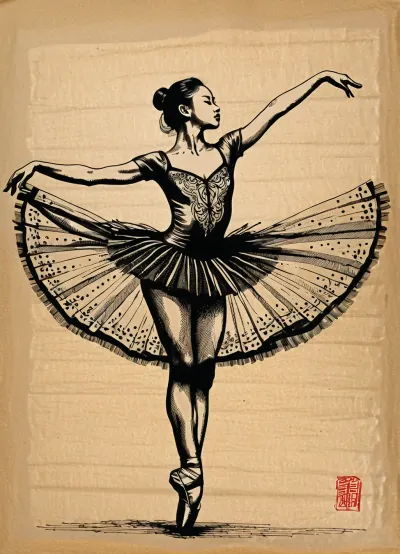 An elegant Asian ballerina standing on pointe in a ballet dance position, pen and ink drawing, fine lines, dense hatching, black ink on old parchment, pen drawing, strokes