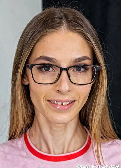 Amateur photo, extremely realistic and detailed. View from front, is a girl, (1.5 m tall), (eighteen years old), chubby face, ((ugly face)), (badly makeup), (((young looking face:1.1))), freckles, (((small, very wide nose)), (Dark blonde, straight, thin, long hai), big strong eyebrows, small dimples, square glasses, great teeth, ((pronounced cheekbones)), .)