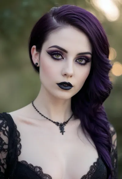 ziprealism, (21yo, stunningly gorgeous goth woman, catwalk fashion esthetic:1.2), (closeup face portrait, focus on eyes:1.5), (slender, petite, soft breasts, goth esthetic, heavy goth makeup, sophisticated attitude:2), (dark purple hair, shimmering hair, dark roots, long hair, sophisticated goth inspired updo hairstyle, voluminous hair, black roses in hair, dark eyebrows:1.8), (oversized expressive eyes, innocent doe eyes, delicate face, angular jaw, flawless porcelain skin:1.4), (highly contrasting colors, shallow depth of field, soft bokeh, layered composition, analog lens:1.6), (detailed eyes, perfect eyes, natural skin texture, photorealistic skin texture), (4k, uhd, uncompressed, raw photography), Stable-Yogis-Makeup-Enhancer-XL, <lora:Instagram_Selfie_SDXL:.8>