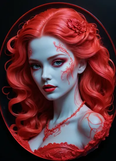 semi-realistic, fairytale-art, hightech-diva, drawing with red shaving foam on a blacklight glass plate, black paper-background. /©KlTTY-ART/