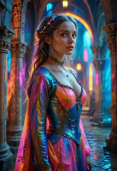 In a neon-surreal rendition of the 14th century, a stunning 25-year-old woman stands at the center, her face captured in hyper-realistic detail. Her flawless skin and expressive eyes gleam under vibrant neon hues. Dressed in exquisite 14th-century attire, she blends seamlessly into a fantastical, fluid environment. The surroundings merge medieval architecture with flowing neon colors, creating a dreamy, surreal atmosphere. As she moves, colors and shapes flow around her, like a living painting. Her expression radiates joyful allure and subtle sensuality, blending historical richness with a dreamy, fantastical ambiance, (maximum detail), (super realistic photo:1.4), godpussy, holotech, <lora:MJ52:.6>, <lora:Super_Eye_Detailer_By_Stable_Yogi_SDPD0:.3>, <lora:Cloudy_Style:.8>, <lora:SDXL_GodPussy_v1:.8>, <lora:Holotech:1.5>