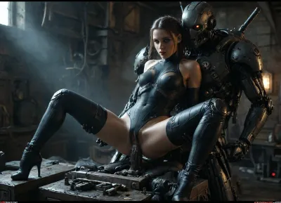 create a threesome in a Futuristic steampunk Style, full body view, (30 years old tattooed woman:1.3), (with detailed skin texture and an excited facial expression:1.4), orgasm, overwhelmed fucking in double penetration by, (TWO of her personal steampunk humanoid male sex robots:1.6), (Sex while standing:1.4), (specialized steampunk sex robot is designed for perfect mechanical penetration:1.7), anal and vaginal, (perfect mechanical penis:1.3), shipyard, various perspectives, various futuristic steampunk Background details, intricate detail, highly detailed steampunk, breathtaking, panoramic, cinematic, (3D, Framed, Woman), Macabre, FRESHIDEAS, Real, Photography, 2#, cloudy, smoke, atmospheric, clouds, fog, anchespaceroom, Commando, Droid, 1girl, 1boy, android, cyborg, vaginal, augmentations, bodysuit, torn_clothes, small breasts, large_insertion, cum, machine_oil, metal_table, hideout, neon, cyberpunk, style, <lora:DonMSt34mPXL-000006:.8>, <lora:compb0t:1.9>, <lora:CyborgMechExosuit_v1.5:1.9>, <lora:dark:.5>