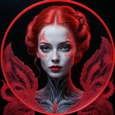 semi-realistic, fairytale-art, hightech-diva, drawing with red shaving foam on a blacklight glass plate, black paper-background. /©KlTTY-ART/