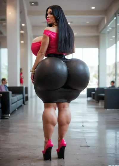 (masterpiece, best quality, ultra-detailed), fully body shot, at home, ((38 yo slut pornstar)), standing, back, (smiles), (bimbo huge breasts:1.2), (long hair:1.2), black hair, (makeup:1.1), very short tight dress, (((butt lift surgery, massive fake round ass, unnaturally plump ass))), (), ((hyper plump lips:1.3)), ((hyper lip fillers:1.5)), white bracelets, large white earrings, Beaded collar, 4ng3l, face, (bottomheavy:1.5), <lora:add-detail-xl:.8>, <lora:SDXL_BetterFaces-LoRA_v1:.8>, <lora:bottomheavy_v1_sdxl_LoRA:1>